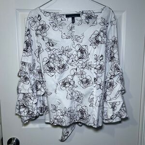 White House Black Market Blouse Women's 6 White Floral Ruffle Bell Sleeve Tie